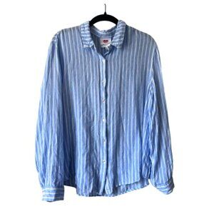 Anthropologie - Blue and White Striped Long Tail Button Up Blouse - Size XL